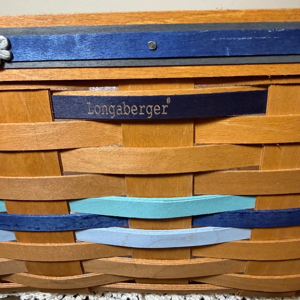 Longaberger Woven Wood Basket Leather Blue Handles Plastic Liner 17
